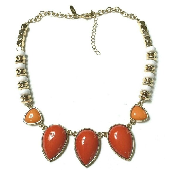 NY Orange Necklace Large Acrylic Teardrops White Gold Accent Beads Gold Tone - Picture 1 of 6